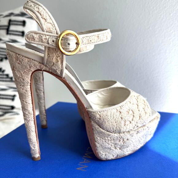 Alice + Olivia Lena Allover Ivory Lace Open Toe Ankle Strap Platform High Heels